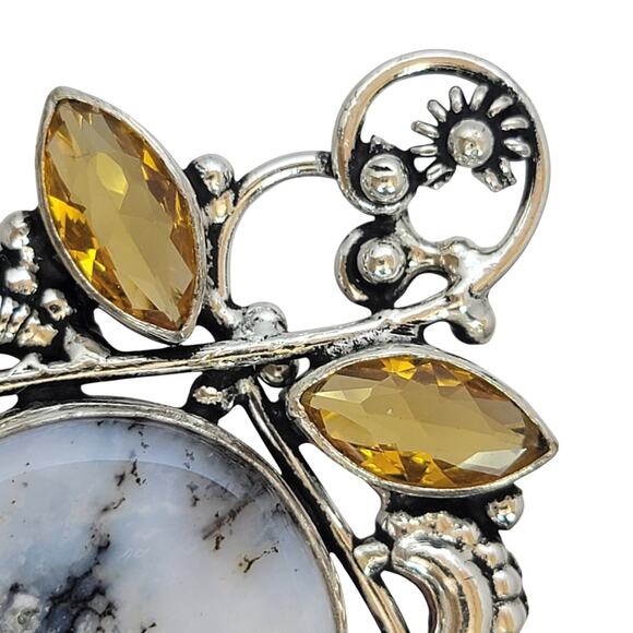 Dendritic Agate Pendant with Yellow Gems – Ornate Sterling Silver Necklace - Picture 6 of 10
